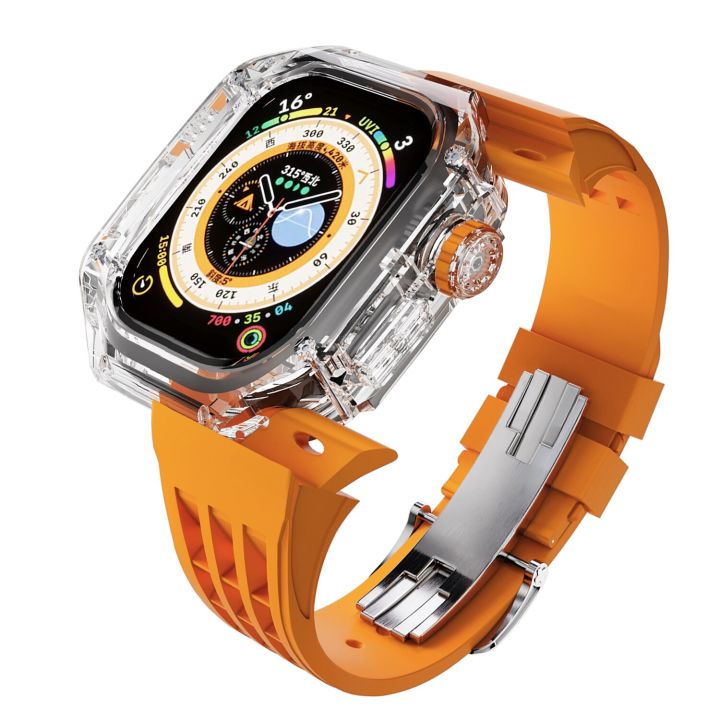 ชุดดัดแปลงเคสโปร่งใสสำหรับสายคาด-apple-watch-อัลตร้า49มม-แถบหัวเข็มขัดโลหะฟลูออเรสเซนต์สำหรับ-i-watch-series-49มม