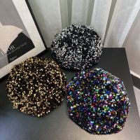 Female Autumn Personality Color Sequins Woolen Stitching Beret Beanies Hat Casual Fashion Painter Retro Wild Octagonal Caps