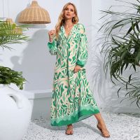 【มีไซส์ใหญ่】Plus Size Womens V-neck Printed Long Sleeved Maxi Dress Vintage Patchwork Spring Summer Muslimah Fashion Long Dresses