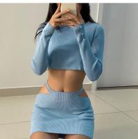 2020 Women Autumn  Clothing Set Lady Round Collar Long Sleeve Solid Color Knitted Short Crop Top+ Side Cut Mini Sheath Skirt