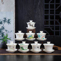 HMLOVE แกะไขมันหยกพอร์ซเลนสีขาว Sancai Gaiwan สีเคลือบปกชามฝาจานรองที่ทำด้วยมือชาหม้ออบ T Eaware ชุด160มิลลิลิตร