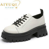 AIYUQI Loafers ผู้หญิงของแท้หนัง2023ใหม่หนา Casual รองเท้าผู้หญิงสไตล์อังกฤษสีขาว Lace-Up ผู้หญิงรองเท้าส้นสูงรองเท้า