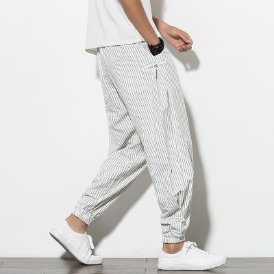 [COD] Mens spring and summer thin breathable linen vertical stripes trousers loose plus size harem