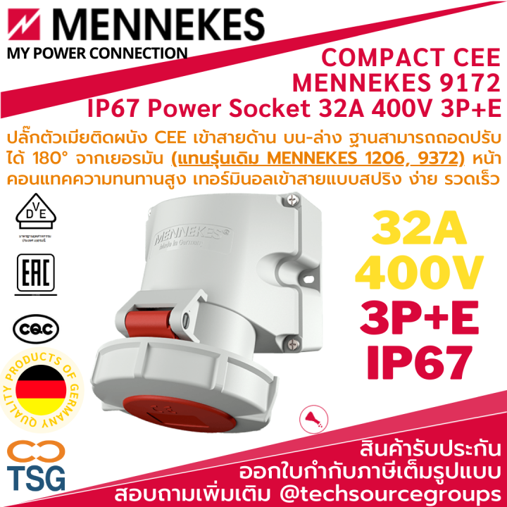MENNEKES - 9172 เพาเวอร์ซ็อกเก็ตตัวเมียยึดผนัง 32a กันน้ำ กันฝุ่น (IP67 ...