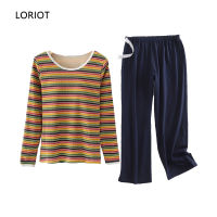 LORIOT ชุดนอนลายทางของผู้หญิง,ชุดนอนปรับได้กางเกงเสื้อแขนยาว Pyjamas กาเกงนอน Loungewear ลำลอง SA1481เกาหลี