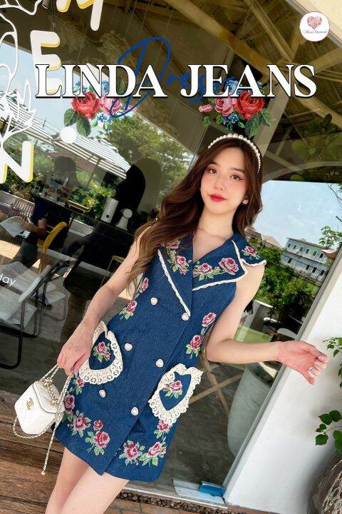 linda-jeans-dress-เดรสยีนส์ทรงสูทงานปักทั้งตัว-น่ารักมากกกก-ใส่แล้วทรงสวย-หุ่นดี-ผู้ดีมากแม่-เหมือนใส่งานราคาหลายพัน-ใส่เที่ยว-ใส่ทำงาน