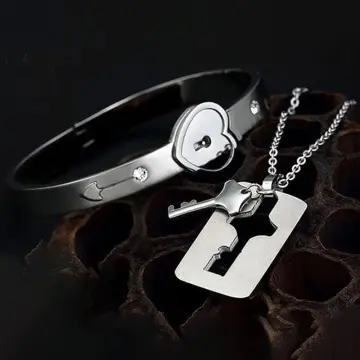 Titanium Steel Love Heart Lock Bracelet with Key Pendant Necklace Couple  Gifts