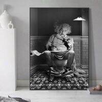 ✣❅☜ สีดำและสีขาว Einstein อ่านหนังสือพิมพ์โปสเตอร์ภาพวาดผ้าใบตลกห้องน้ำ Wall Art รูปภาพสำหรับห้องน้ำตกแต่งบ้าน