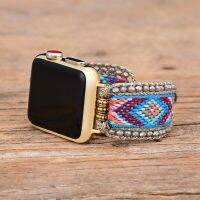 ☂◑♗ Nylon Ribbon Crystal Hand Woven Watch Strap Band 38 40 41 45MM Stones Boho-chic Beaded Bracelet for Iwatch 1-7 Bohemia Wristband