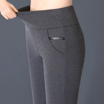 เลกกิ้งเอวสูงผู้หญิงดินสอยางยืดขนาดใหญ่กางเกงลำลองสีทึบขาสร้างกางเกง