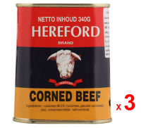 HEREFORD เนื้อกระป๋องหมักเกลือ เฮียร์ฟอร์ด คอร์นบีฟ ทำจากเนื้อวัวแท้ ปราศจากกลูเต็น ผลิตในประเทศฝรั่งเศส 3 กระป๋อง กระป๋องละ 340 กรัม