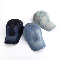 [Hat vendor]ผ้ายีนส์สีทึบยูนิเซ็กซ์ชายหญิงหมวกเบสบอลว่างเปล่าหมวกยีนส์ซักได้หมวกสแนปแบคย้อนยุคหมวกแก็ปแบบปรับได้