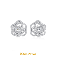 Kemstone คริสตัลเพทายที่เป็นประกายเพชรเต็มเม็ดสีเงินหรูหราคริสตัล Camellia Rose ต่างหูตุ้มหูของขวัญแต่งงานสำหรับผู้หญิงเครื่องเพชรพลอยเจ้าสาว