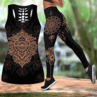 ชุดทำสมาธิโยคะ Hippy Boho เทศกาลสวม Legging Hollow Tank Combo พิมพ์กีฬาฟิตเนส Leggings กางเกงโยคะ Leggings...