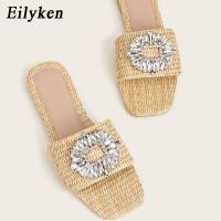 Eilyken Glitter Rhinestone Women Slippers Bright Diamond Flat Bottom Cane Crystal Sandals Comfortable Slides Shoes