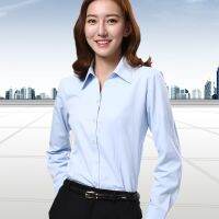 【Dec】 Autumn long sleeve shirt female business casual clothing tooling light blue shirt v-neck render unlined upper garment is decorated