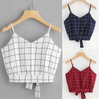 [HOT YUHIIIXWQQW 568] 2021 Women 39; S Self Tie Back V Neck Plaid Crop Cami Top Summer เสื้อแขนกุดเสื้อชั้นในลำลองเสื้อกล้าม Camisole Streetwear