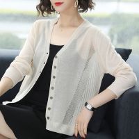 {Discount}? [80-180kg] Knitted cardigan jacket womens ice silk shawl thin section long-sleeved air-conditioned shirt with sunscreen women