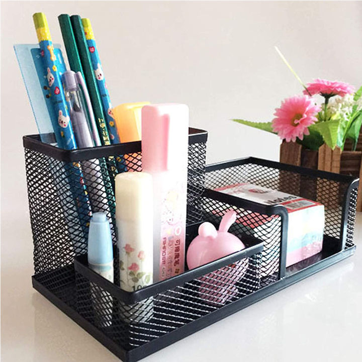 KeFanta Pen Holder Pencil Holders for Desk Pencil Cup,4 Compartments Pen  and Pencil Holders,2 Piece Mesh Stationery Organizer for Office Desk,Black