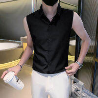 2022 Summer Sleeveless Hirts for Men Social Party Tuxedo Blouse Men Clothing Blackwhite Slim Fit Casual Shirt Streetwear Tops