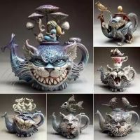 Handmade Art Cat Teapot Devil Cat Creative Home Desktop Decorations Cat and Fish and Bird Resin Crafts Garden Decoration 2022