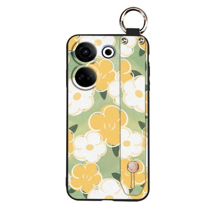 anti-dust-kickstand-phone-case-for-tecno-camon20-pro-4g-ck7n-wrist-strap-lanyard-painting-flowers-shockproof-sunflower