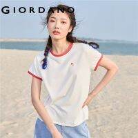 ♞ Giordano ผู้หญิง เสื้อยืดแขนสั้นคอกลมแขนสั้นลายปักขอบสีคมชัด Free Shipping 05322395