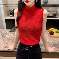 ❣♂  Flower Lace Female Blouses Vest S-XL Spring Summer Elastic T Shirt Girl Rose Lace Turtleneck Sleeveless Women Bottoming Tanks