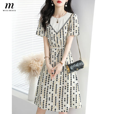 MISUMIXIU 2023 Summer New Simple Temperament Waist Pattern Short Sleeve Dress Women