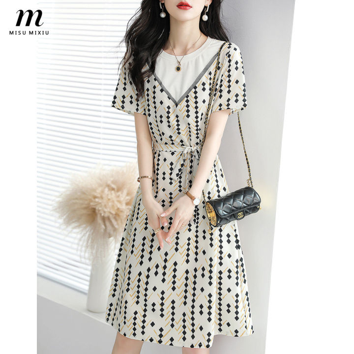 misumixiu-2023-summer-new-simple-temperament-waist-pattern-short-sleeve-dress-women