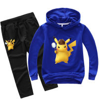 Pikachu เสื้อกันหนาวหมวก Jogger สำหรับหนุ่มๆสาวๆเสื้อยืดกางเกงเสื้อผ้าเด็กเด็ก2ชิ้นชุดแขนยาวเกาหลีผ้าฝ้าย + โพลีเอสเตอร์ฤดูใบไม้ผลิฤดูใบไม้ร่วง