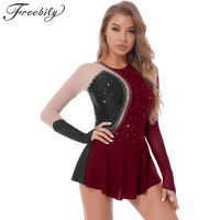 AWomens Shiny Rhinestone รูปสเก็ตน้ำแข็งชุดตาข่ายจังหวะยิมนาสติก Leotard สำหรับเต้นรำการแข่งขันเครื่องแต่งกายบัลเล่ต์ DressM