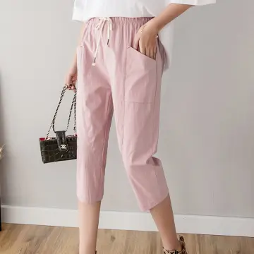 2023 Women Linen Capri Pants 3/4 Length Elastic Solid Color Plus
