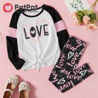 PatPat Kid 2ชิ้นเด็กสาวจดหมายหัวใจพิมพ์ผูกปม Raglan แขน Tee และลายจุด Leggings ชุด