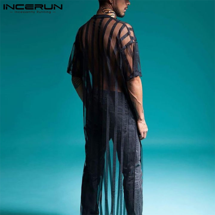 incerun-เสื้อคาฟตันแขนสามส่วนสำหรับผู้ชาย-เสื้อยืดลายตาข่ายซีทรูแฟชั่นเสื้อเบลาส์