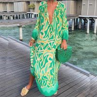 2022 Women Boho Print Loose Beach Dress Elegant Retro Harajuku V-Neck Maxi Dress Women Sexy Long Sleeve Oversized Dress Vestido