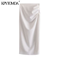 KPYTOMOA Women Chic Fashion Pleated Slit Hem Midi Pencil Skirt Vintage High Waist Back Zipper Female Skirts Mujer