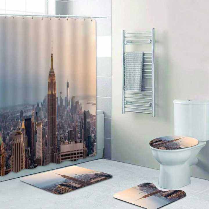 black-white-city-nights-lights-bathroom-shower-curtains-set-waterproof-shower-curtains-toilet-cover-mat-non-slip-bath-rug