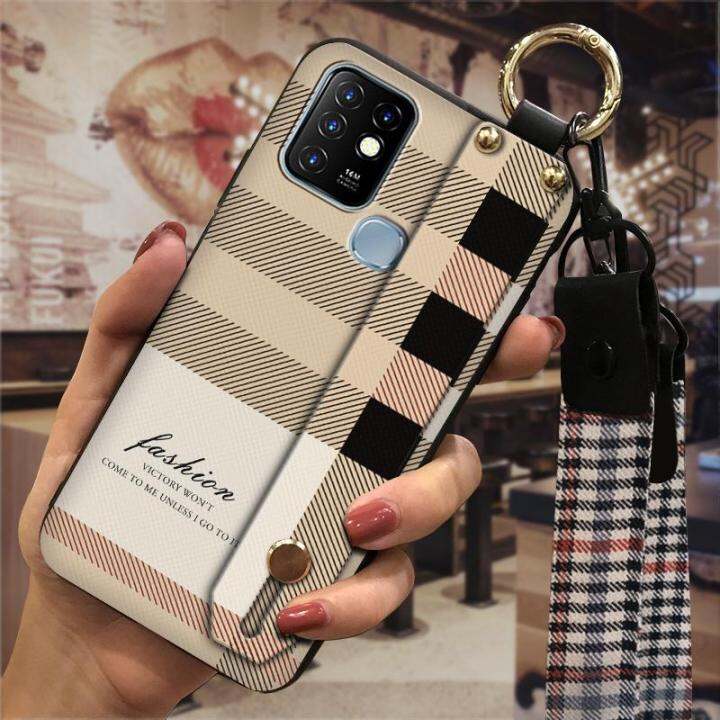 dirt-resistant-protective-phone-case-for-infinix-x682-hot10-simple-fashion-design-classic-wrist-strap-plaid-texture-tpu