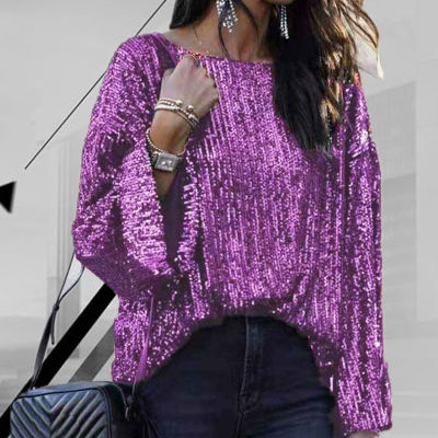 2022 Spring Popular Shiny Sequin Tops Women Autumn Long Sleeve Round Neck Loose Blouses Shirts Fashion Solid Lady Tops Pullover