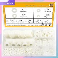 YESMILE 600Pcs M2 M2.5 M3 M4 M5 M6 M8 M10 M12 เครื่องซักผ้าไนลอน 9ขนาด สีขาวขาว ตัวเว้นระยะแหวนรองพลาสติก ทนทานต่อการใช้งาน กลมกลมๆ ชุดแยกเครื่องซักผ้าแบน การเชื่อมต่อไฟฟ้า