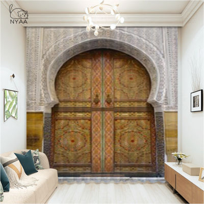 Traditional Golden Moroccan Door With Floral Arabesque Curtain Decorative Exterior Door Curtain Cafe Bathroom Curtains Blackout