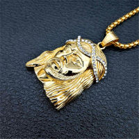 Hip Hop Iced Out Jesus Head Pendant &amp; Chain Gold Color Stainless Steel Rhinestones Bling Christian Necklaces Male Jewelry Collar