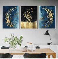 Nordic Golden Black Fish Butterfly Wall Art ผ้าใบพิมพ์-ภาพตกแต่งสำหรับห้องนั่งเล่นตกแต่งบ้าน