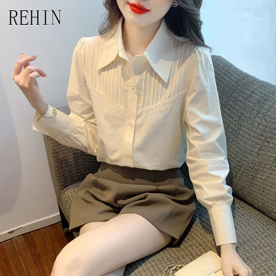 REHIN ของผู้หญิงฤดูใบไม้ร่วงใหม่เวอร์ชั่นเกาหลีเก๋ออกแบบเสื้อแขนยาวฝรั่งเศสหลวมแหลมปกสีทึบเสื้อหรูหรา