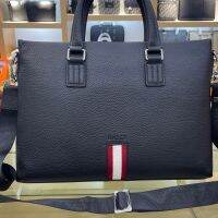 Bally กระเป๋าเอกสารหนังผู้ชายลายลิ้นจี่หนังวัวชั้นแรกกระเป๋าคอมพิวเตอร์กระเป๋าถือลำลองสำหรับธุรกิจ