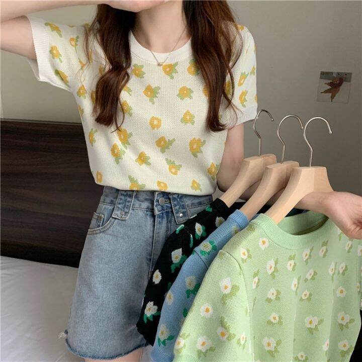 summer-knitted-t-shirt-for-women-flowers-fashion-small-fresh-casual-simple-retro-feme-o-neck-korean-short-top-v728