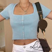 COD tjjs079 ✦LD-Women´s Short Sleeve Square Collar Summer Fashion Solid Color Knitted Tops