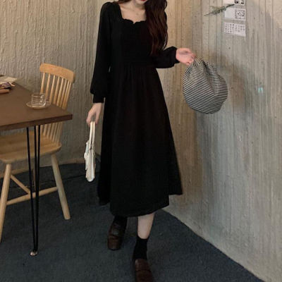 Women Long Sleeve Dress Plus Size 3XL New Black Square Collar High Waist A-line Mid-calf French Style Elegant Ladies Chic Korean