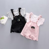 IU Summer Baby Girls Suits Cotton Striped T-shirt+Strap Shorts Cute Kids Set